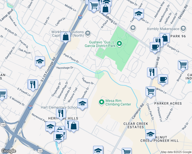 map of restaurants, bars, coffee shops, grocery stores, and more near 1112 Hermitage Drive in Austin
