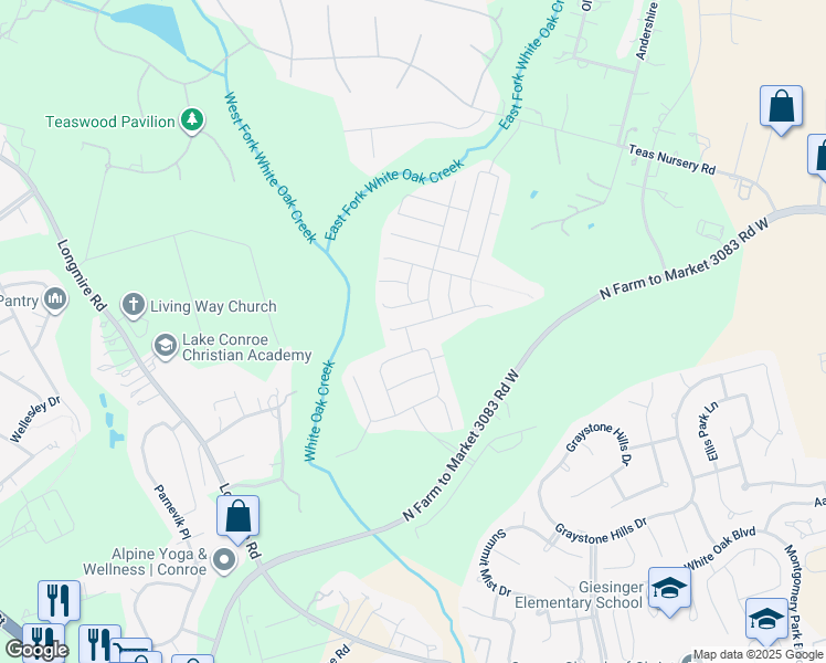 map of restaurants, bars, coffee shops, grocery stores, and more near 2671 Hoffman Lane in Conroe