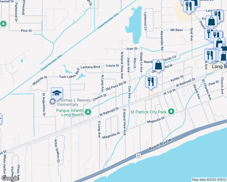 map of restaurants, bars, coffee shops, grocery stores, and more near 902 Old Pass Road West in Long Beach