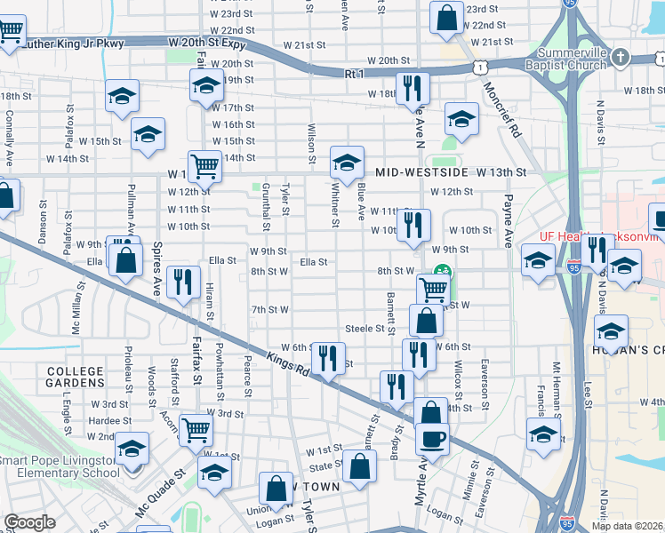 map of restaurants, bars, coffee shops, grocery stores, and more near 1820 Whitner Street in Jacksonville