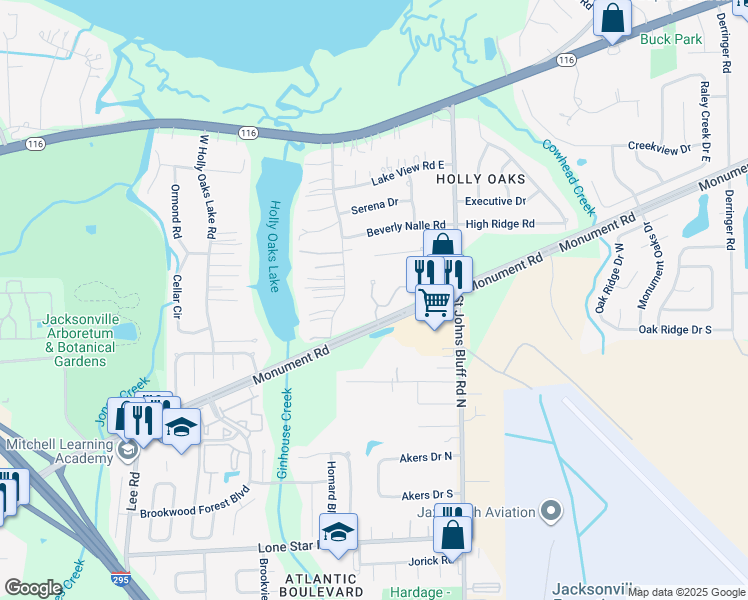 map of restaurants, bars, coffee shops, grocery stores, and more near 11 1500-3 Monument Ap in Jacksonville