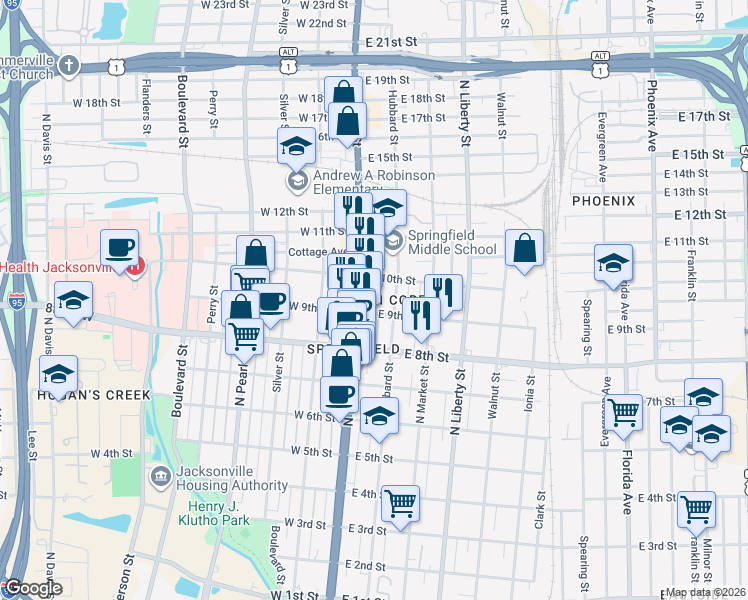 map of restaurants, bars, coffee shops, grocery stores, and more near 32 East 10th Street in Jacksonville