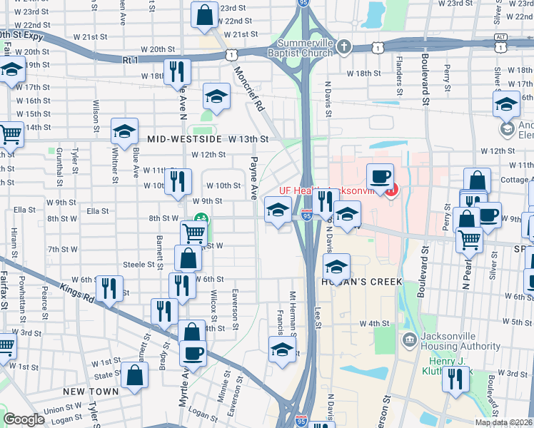 map of restaurants, bars, coffee shops, grocery stores, and more near 1089 Reiman Street in Jacksonville