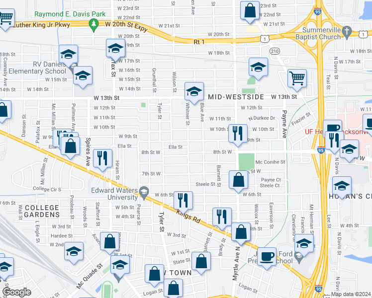 map of restaurants, bars, coffee shops, grocery stores, and more near 1490 West 9th Street in Jacksonville