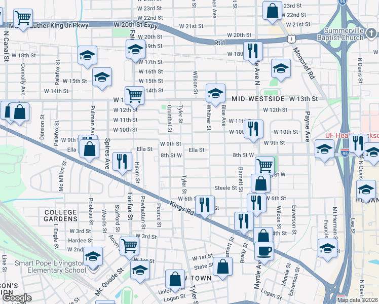 map of restaurants, bars, coffee shops, grocery stores, and more near 1544 West 9th Street in Jacksonville