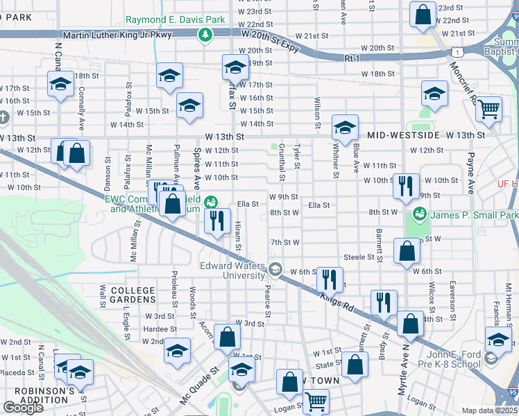 map of restaurants, bars, coffee shops, grocery stores, and more near 1676 West 9th Street in Jacksonville