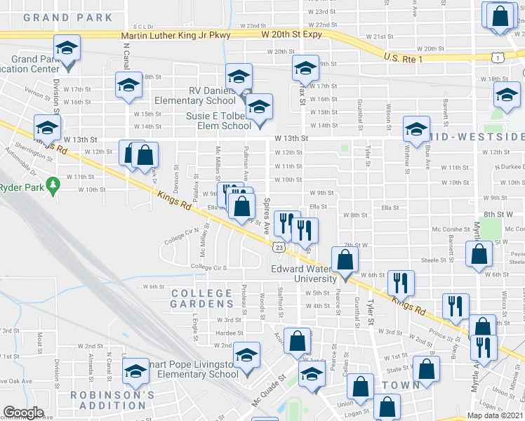 map of restaurants, bars, coffee shops, grocery stores, and more near 1808 Spires Avenue in Jacksonville