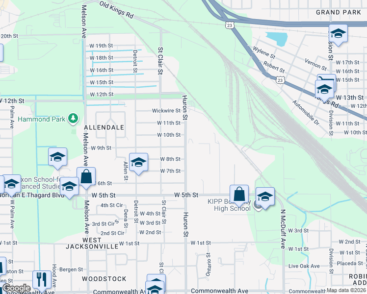 map of restaurants, bars, coffee shops, grocery stores, and more near 1930 Huron Street in Jacksonville