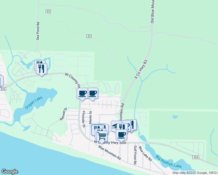 map of restaurants, bars, coffee shops, grocery stores, and more near 51 Emerald Beach Way in Santa Rosa Beach