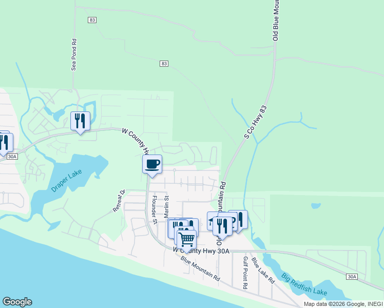 map of restaurants, bars, coffee shops, grocery stores, and more near 220 Gulfview Circle in Santa Rosa Beach