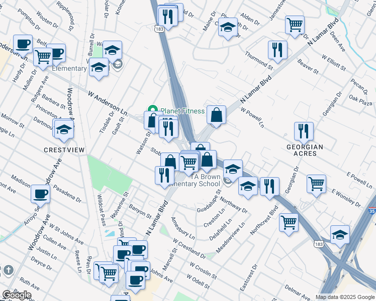 map of restaurants, bars, coffee shops, grocery stores, and more near 7892 North Lamar Boulevard in Austin