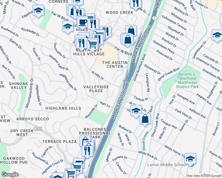 map of restaurants, bars, coffee shops, grocery stores, and more near 3431 North Hills Drive in Austin