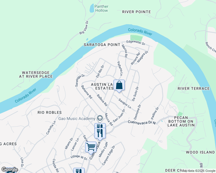 map of restaurants, bars, coffee shops, grocery stores, and more near 2500 De Soto Drive in Austin