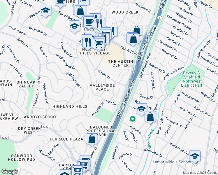 map of restaurants, bars, coffee shops, grocery stores, and more near 6609 Valleyside Road in Austin