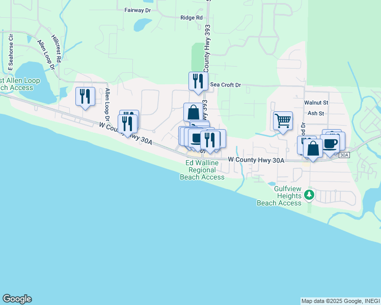 map of restaurants, bars, coffee shops, grocery stores, and more near 7 Laura Hamilton Boulevard in Santa Rosa Beach