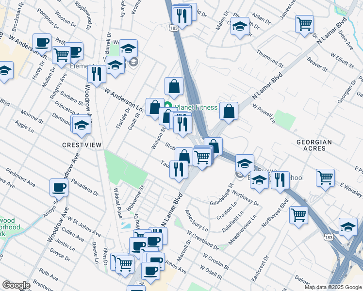map of restaurants, bars, coffee shops, grocery stores, and more near 911 West Anderson Lane in Austin
