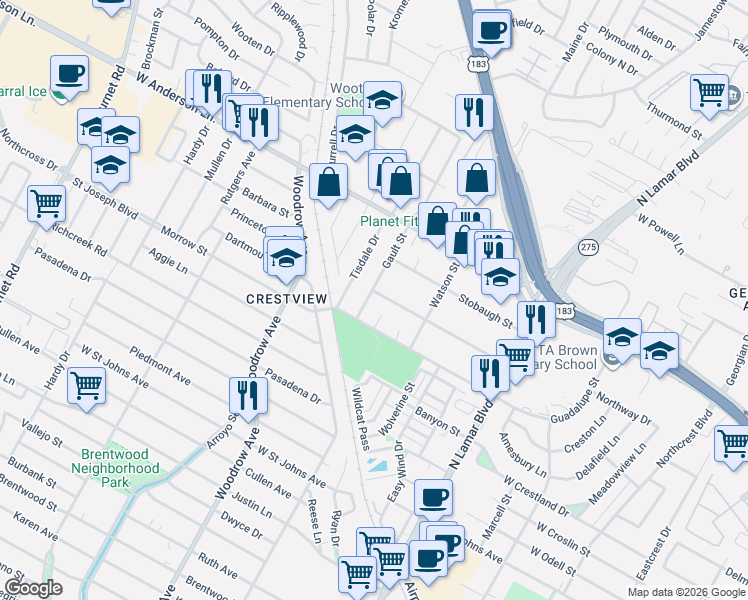map of restaurants, bars, coffee shops, grocery stores, and more near 7612 Gault Street in Austin