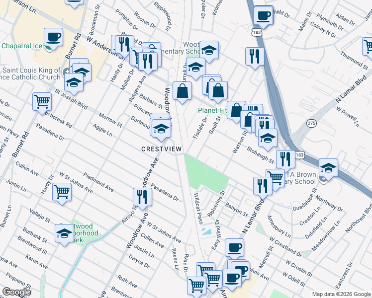 map of restaurants, bars, coffee shops, grocery stores, and more near 7600 Tisdale Drive in Austin