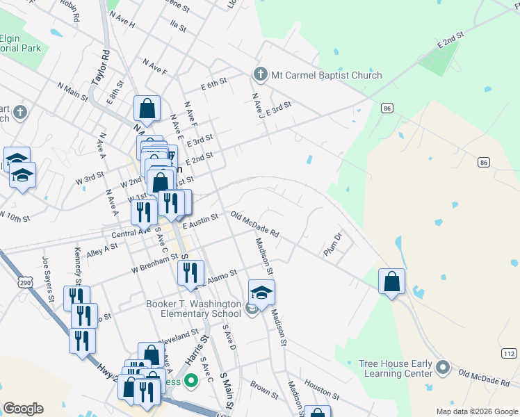 map of restaurants, bars, coffee shops, grocery stores, and more near 106 Hillside Drive in Elgin