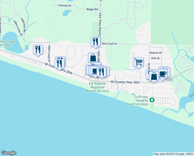 map of restaurants, bars, coffee shops, grocery stores, and more near 37 Town Center Loop in Santa Rosa Beach