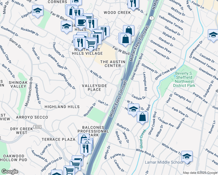 map of restaurants, bars, coffee shops, grocery stores, and more near 3431 North Hills Drive in Austin