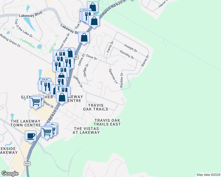 map of restaurants, bars, coffee shops, grocery stores, and more near 1300 Sparrow Lane in Austin