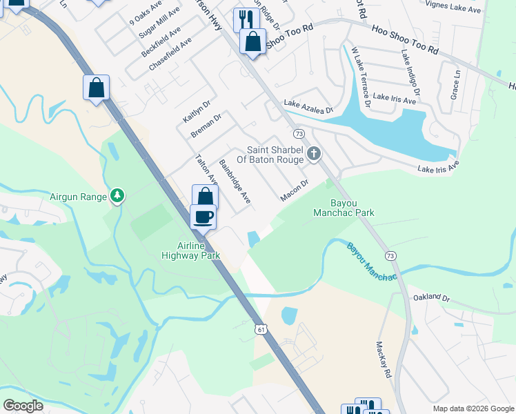 map of restaurants, bars, coffee shops, grocery stores, and more near 11542 Brunswick Avenue in Baton Rouge