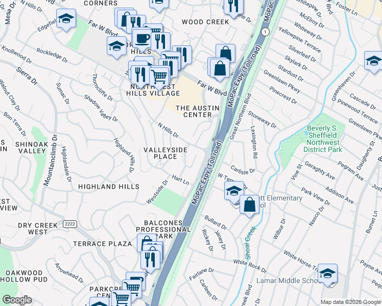 map of restaurants, bars, coffee shops, grocery stores, and more near 3431 North Hills Drive in Austin