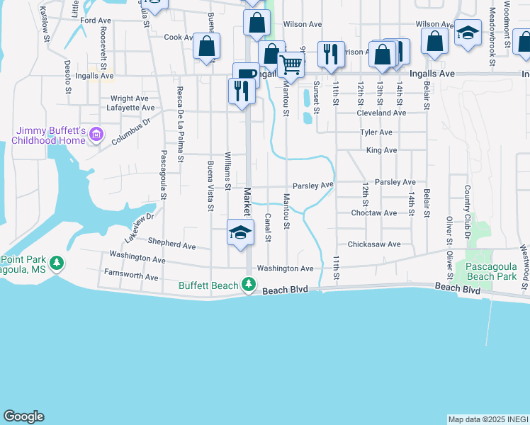 map of restaurants, bars, coffee shops, grocery stores, and more near 902 Market St in Pascagoula