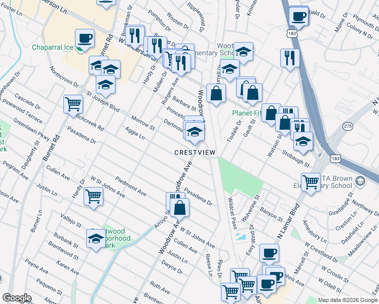 map of restaurants, bars, coffee shops, grocery stores, and more near in Austin