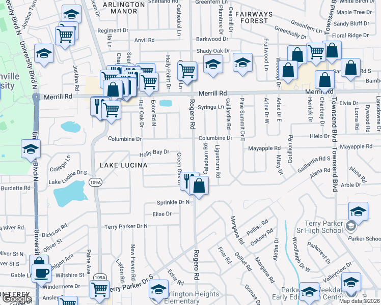 map of restaurants, bars, coffee shops, grocery stores, and more near 2430 Rogero Road in Jacksonville