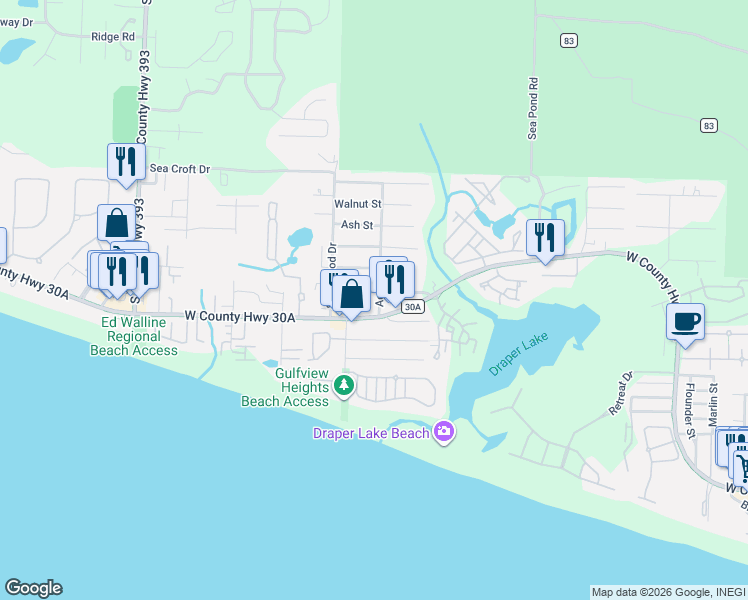 map of restaurants, bars, coffee shops, grocery stores, and more near 97 Maple Street in Santa Rosa Beach
