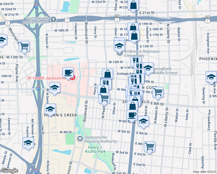 map of restaurants, bars, coffee shops, grocery stores, and more near 1922 North Pearl Street in Jacksonville