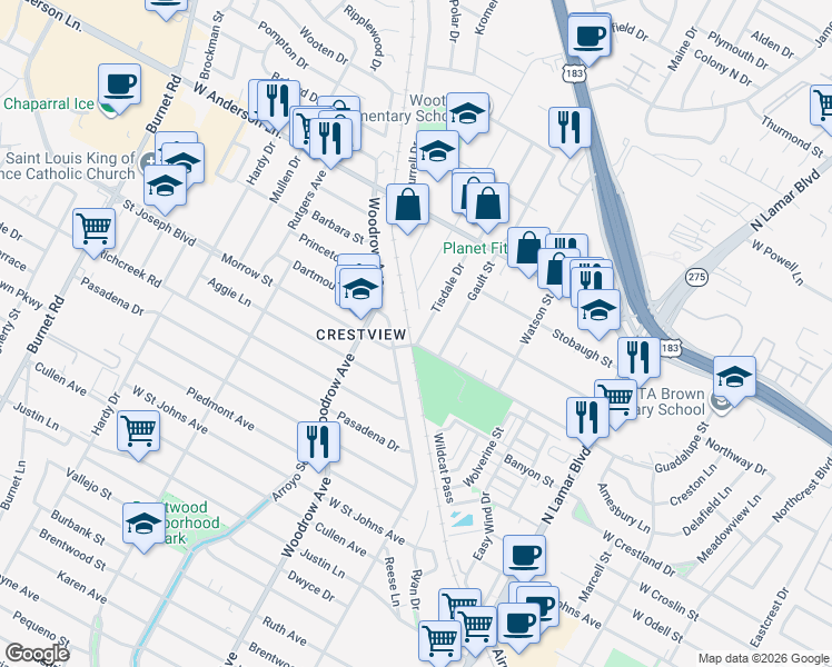map of restaurants, bars, coffee shops, grocery stores, and more near 7600 Tisdale Drive in Austin