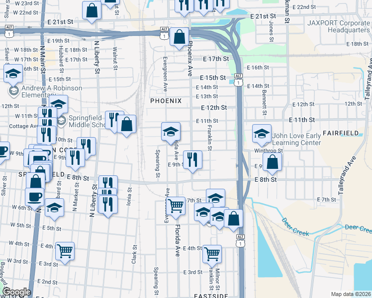map of restaurants, bars, coffee shops, grocery stores, and more near 1039 East 10th Street in Jacksonville