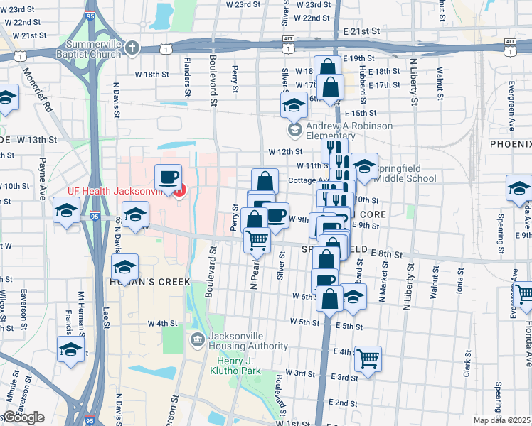 map of restaurants, bars, coffee shops, grocery stores, and more near 1922 North Pearl Street in Jacksonville
