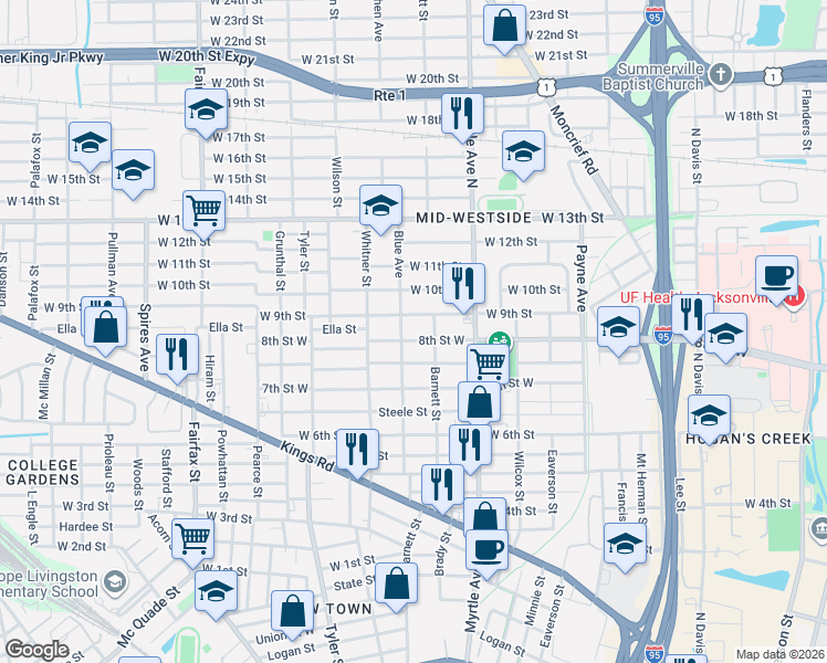 map of restaurants, bars, coffee shops, grocery stores, and more near 1424 West 9th Street in Jacksonville