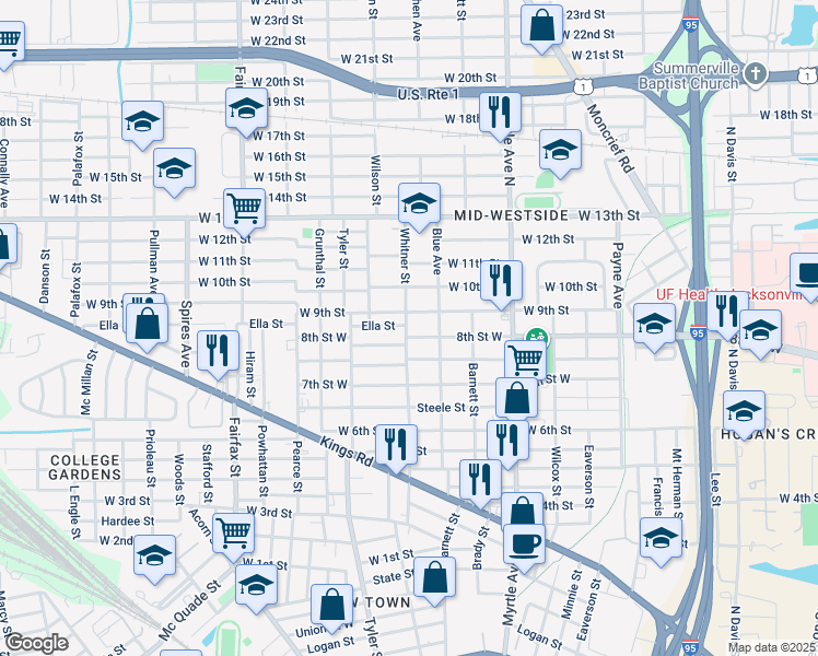 map of restaurants, bars, coffee shops, grocery stores, and more near 1490 West 9th Street in Jacksonville
