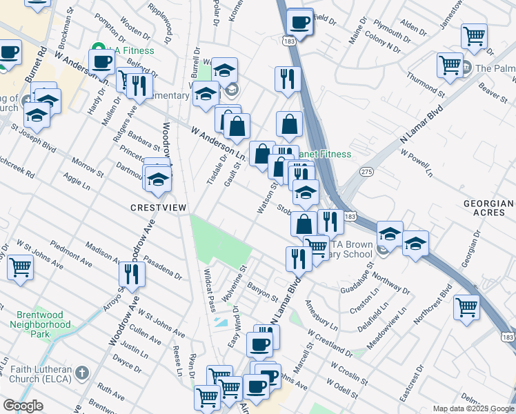 map of restaurants, bars, coffee shops, grocery stores, and more near 1107 Stobaugh Street in Austin
