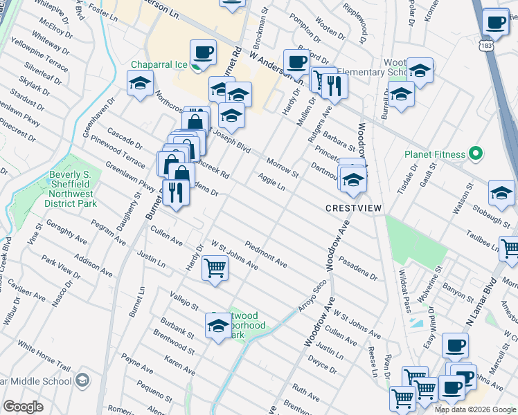 map of restaurants, bars, coffee shops, grocery stores, and more near 1903 Richcreek Road in Austin