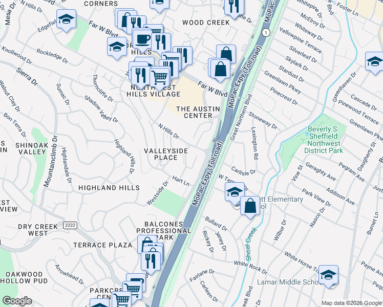 map of restaurants, bars, coffee shops, grocery stores, and more near 3431 North Hills Drive in Austin
