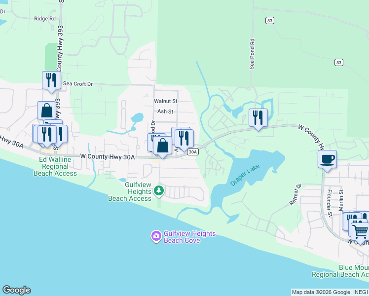map of restaurants, bars, coffee shops, grocery stores, and more near 189 Maple Street in Santa Rosa Beach