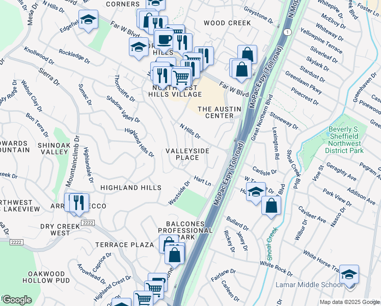 map of restaurants, bars, coffee shops, grocery stores, and more near 6600 Valleyside Road in Austin