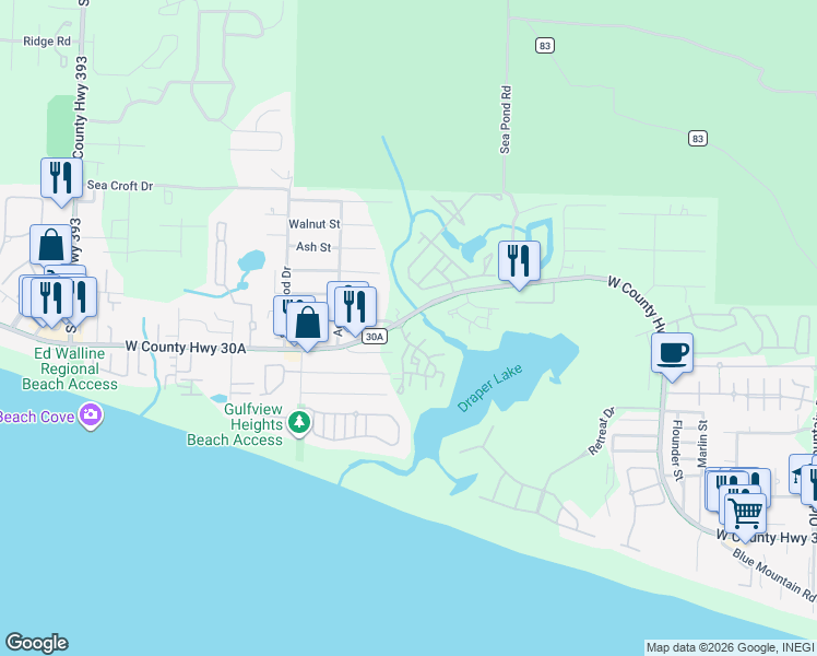 map of restaurants, bars, coffee shops, grocery stores, and more near 95 Vicki Street in Santa Rosa Beach