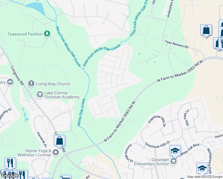 map of restaurants, bars, coffee shops, grocery stores, and more near 2671 Hoffman Lane in Conroe