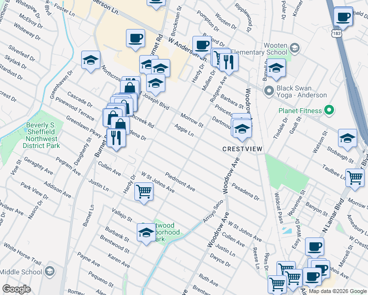 map of restaurants, bars, coffee shops, grocery stores, and more near 1809 Richcreek Road in Austin