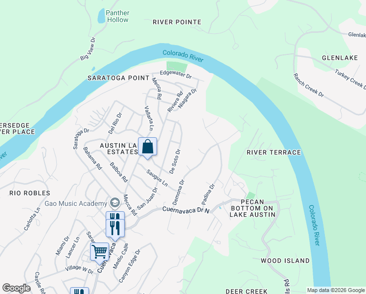 map of restaurants, bars, coffee shops, grocery stores, and more near 2703 De Soto Drive in Austin