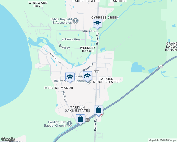 map of restaurants, bars, coffee shops, grocery stores, and more near 12455 Airblanc Drive in Pensacola