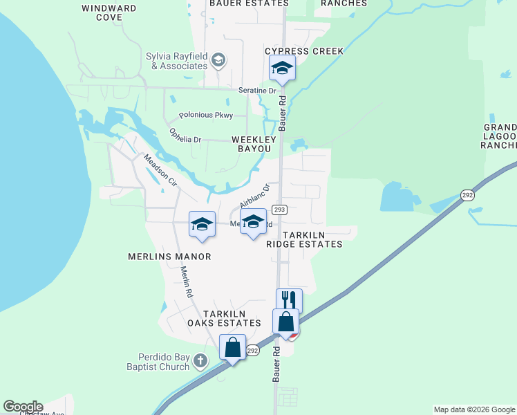 map of restaurants, bars, coffee shops, grocery stores, and more near 12455 Airblanc Drive in Pensacola