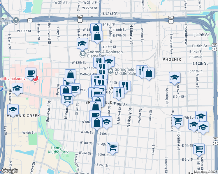 map of restaurants, bars, coffee shops, grocery stores, and more near 32 East 10th Street in Jacksonville